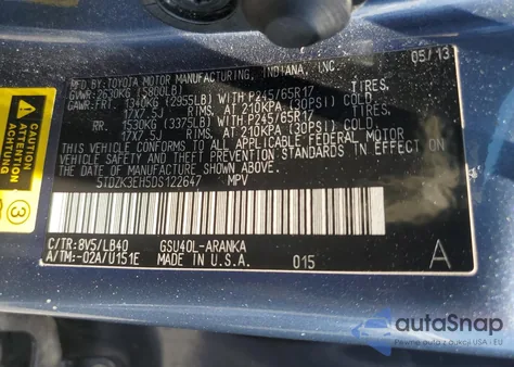 2013 Toyota Highlander Base z USA, uszkodzony, nr VIN 5TDZK3EH5DS122647